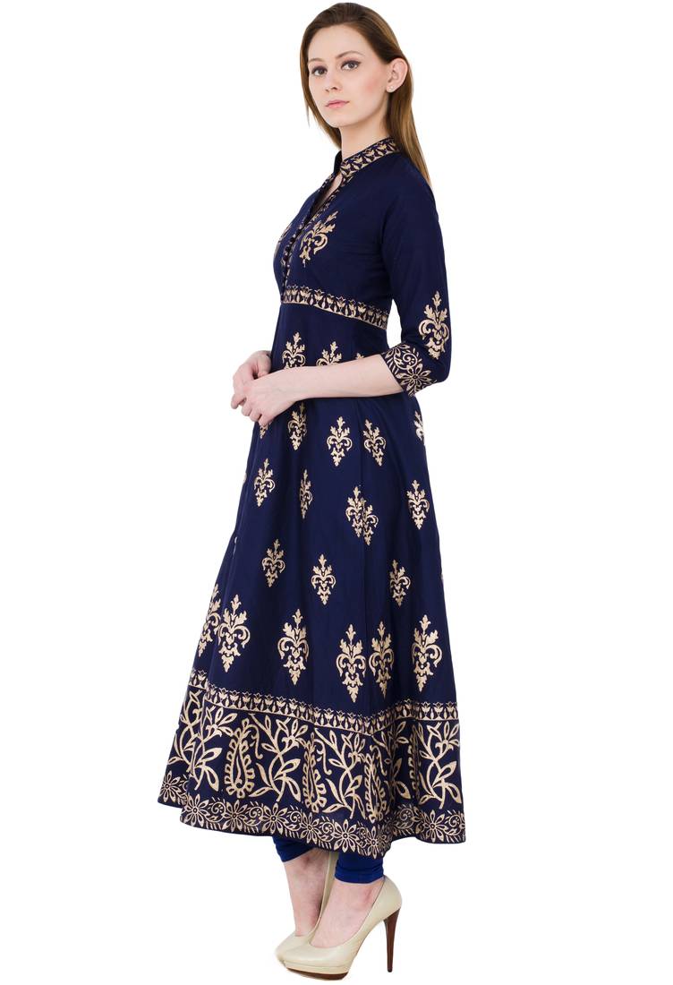Navy blue printed cotton long kurtis