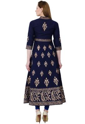 Navy blue printed cotton long kurtis 4