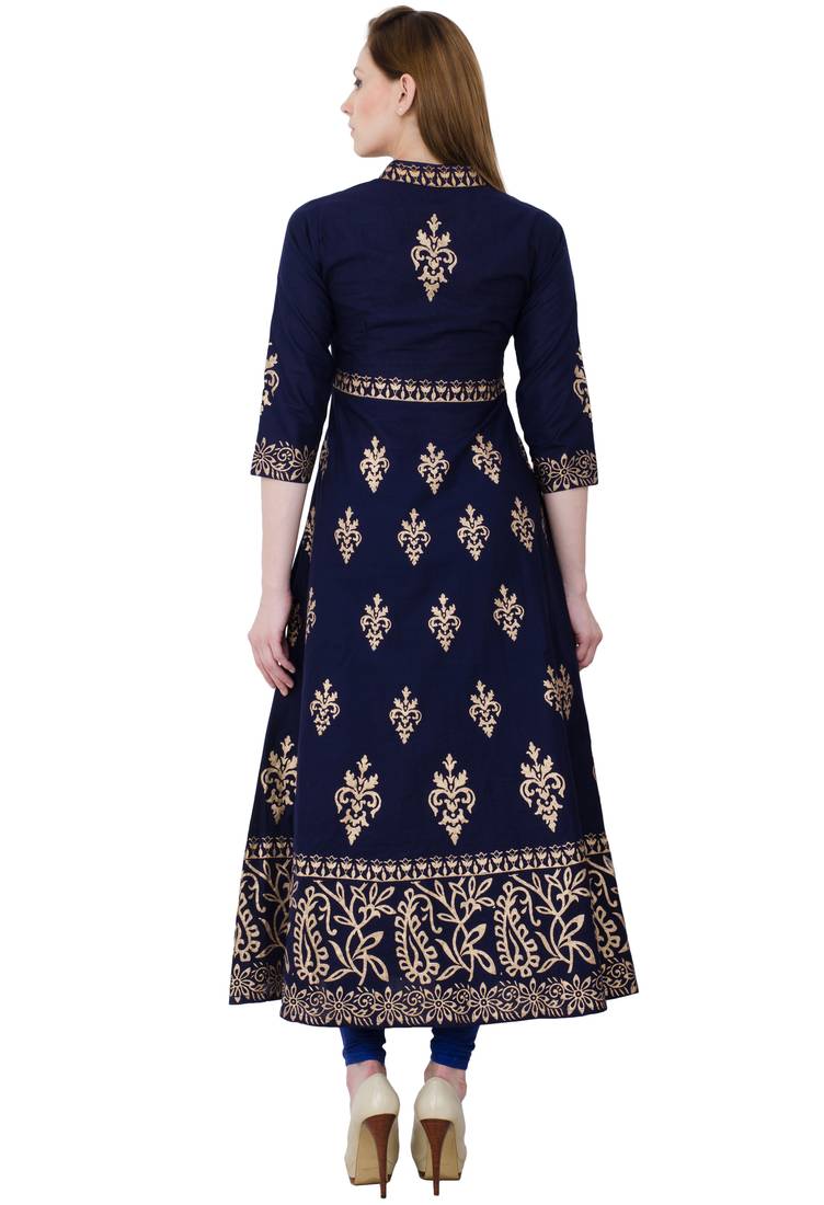 Navy blue printed cotton long kurtis
