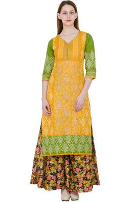 Yellow printed cotton long kurtis 1