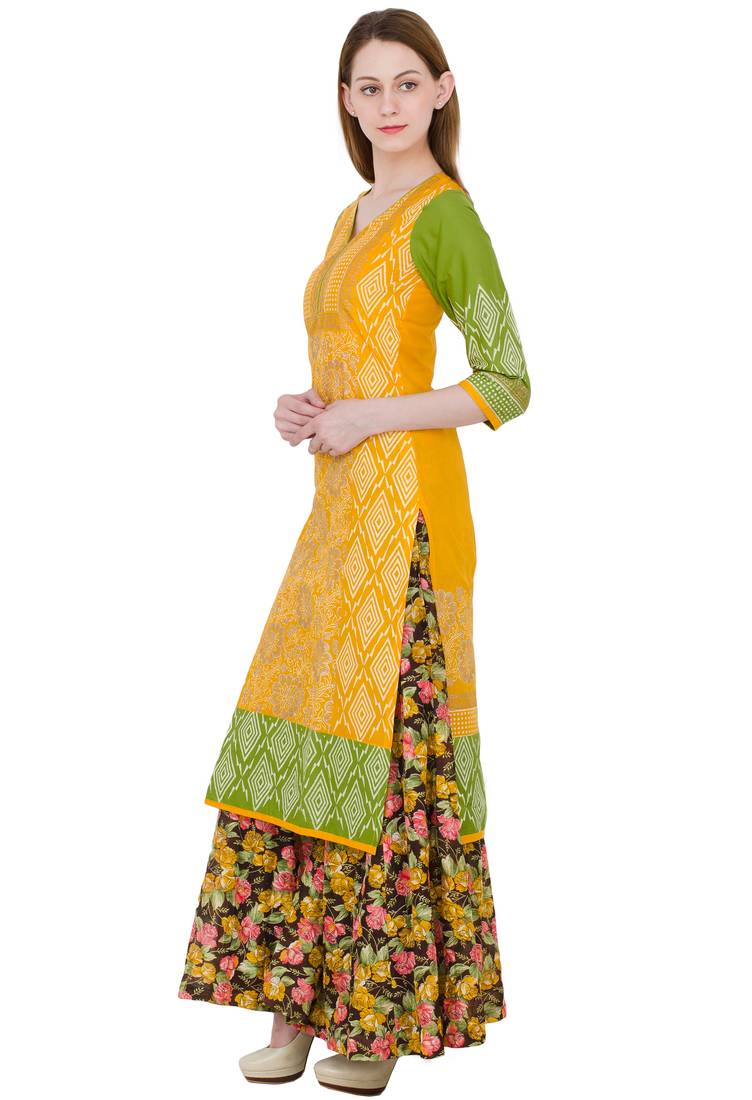 Yellow printed cotton long kurtis