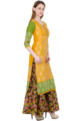 Yellow printed cotton long kurtis 3