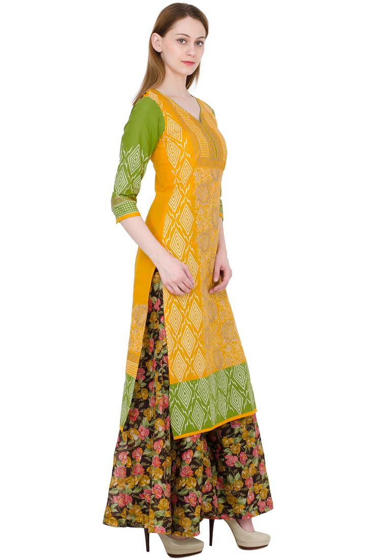 Yellow printed cotton long kurtis