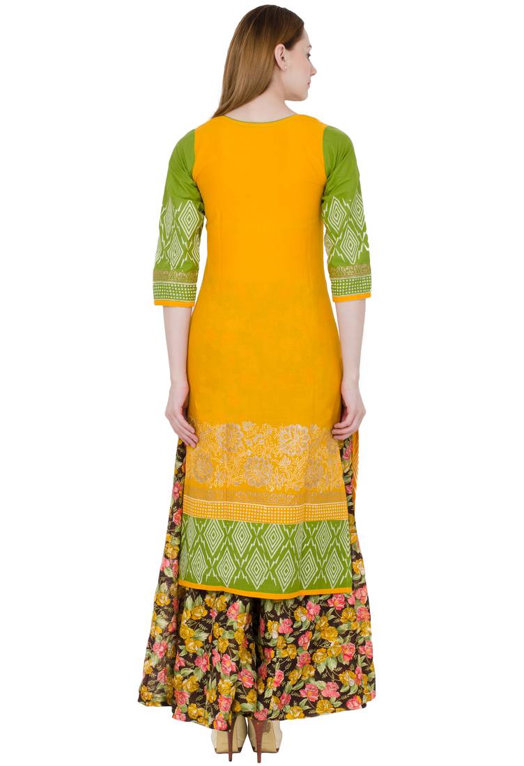 Yellow printed cotton long kurtis
