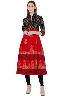 Red printed cotton long kurtis 1
