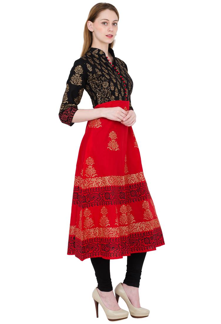 Red printed cotton long kurtis