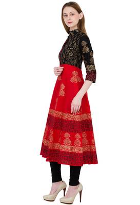 Red printed cotton long kurtis 3