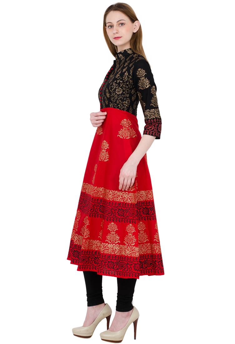 Red printed cotton long kurtis