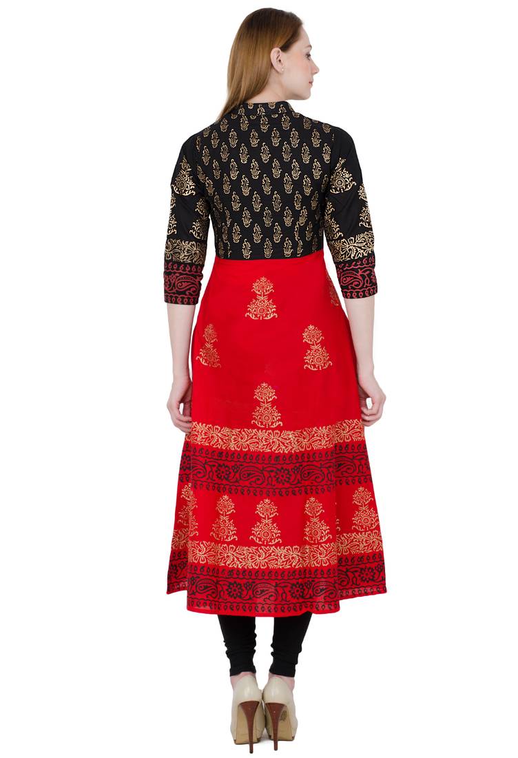 Red printed cotton long kurtis