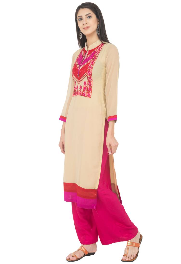 Golden embroidered georgette long kurtis