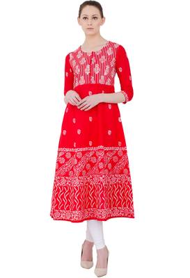 Red printed cotton long kurtis 1