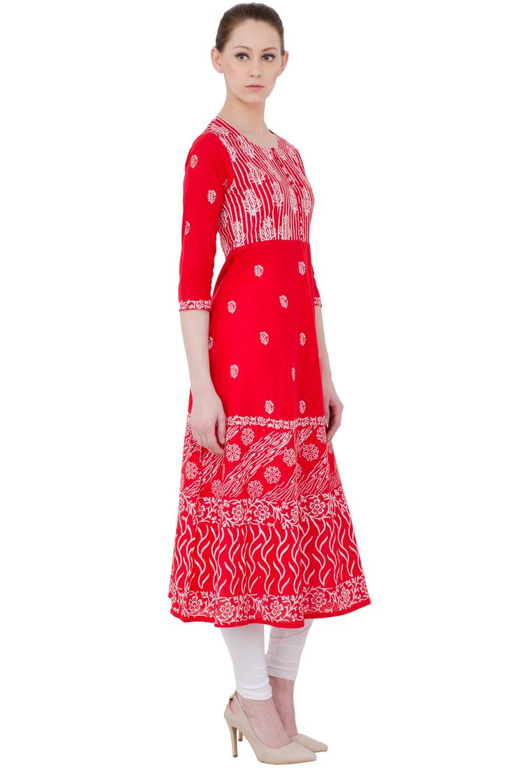 Red printed cotton long kurtis