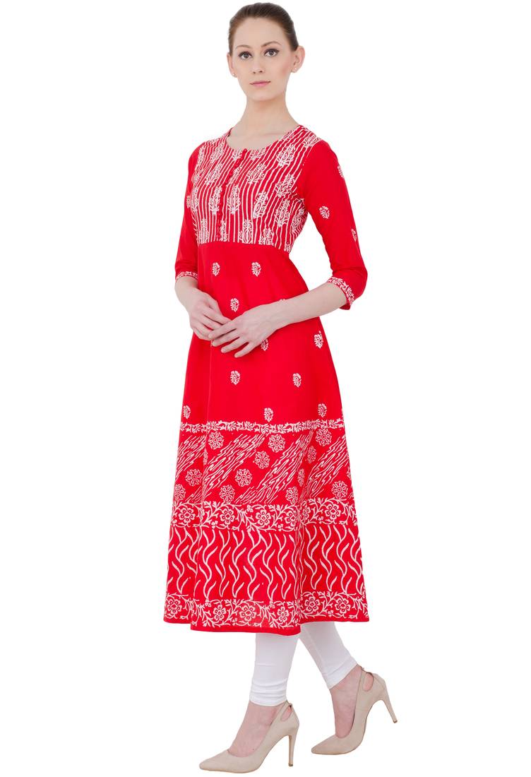 Red printed cotton long kurtis