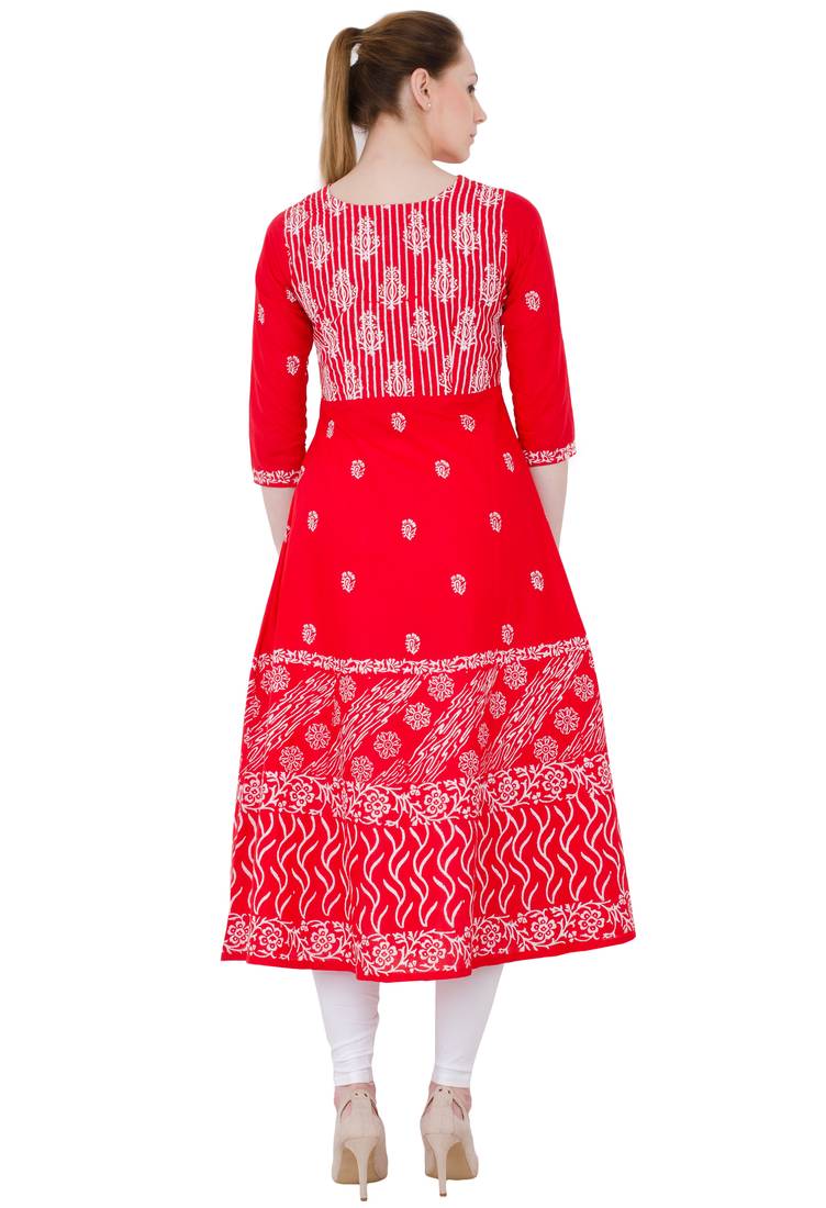 Red printed cotton long kurtis