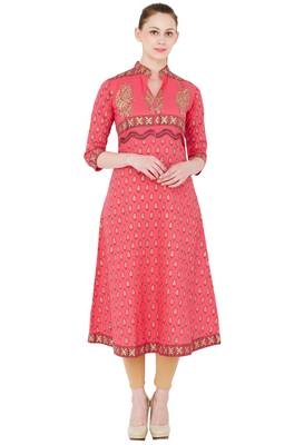 Peach printed cotton long kurtis 1