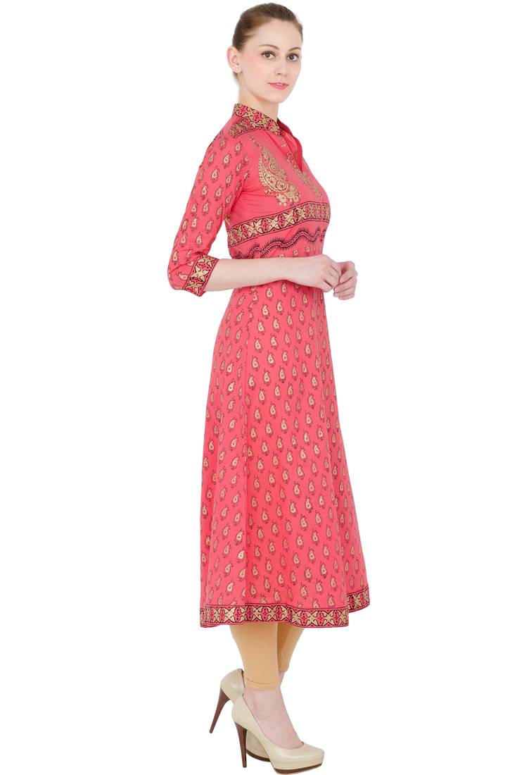 Peach printed cotton long kurtis