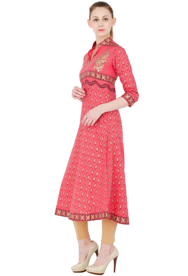Peach printed cotton long kurtis