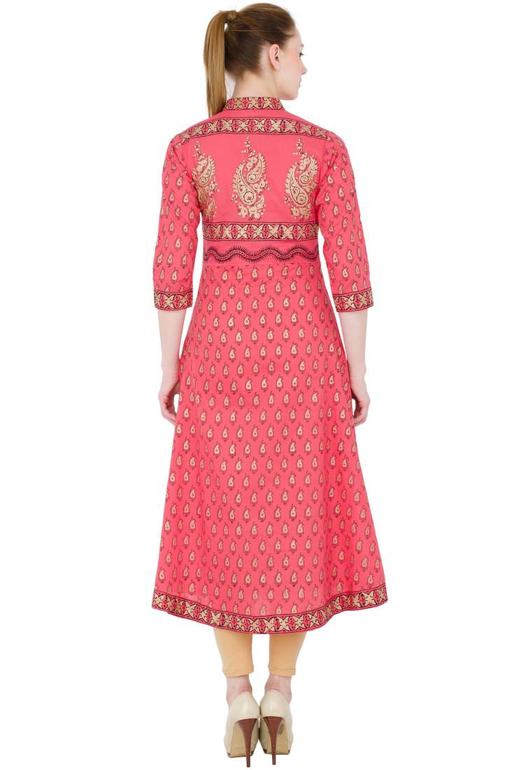 Peach printed cotton long kurtis