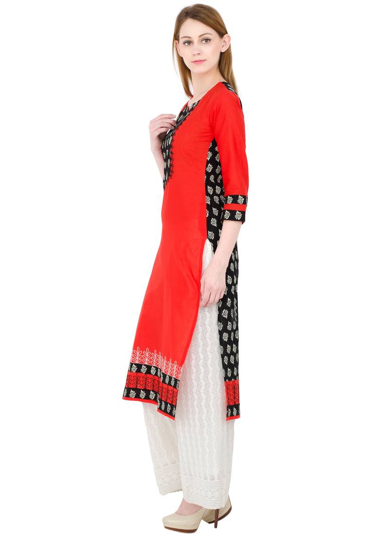 Red printed cotton long kurtis