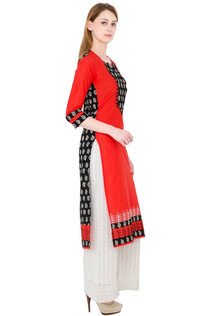 Red printed cotton long kurtis