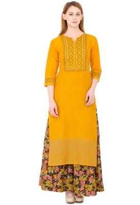 Mustard embroidered cotton long kurtis 1