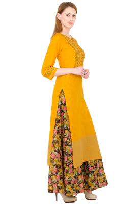 Mustard embroidered cotton long kurtis 2