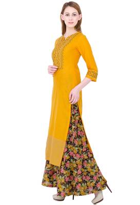 Mustard embroidered cotton long kurtis 3