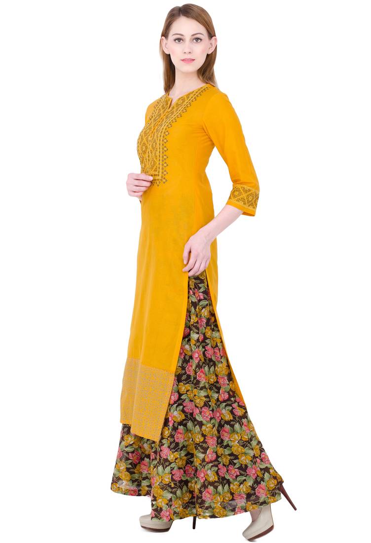 Mustard embroidered cotton long kurtis