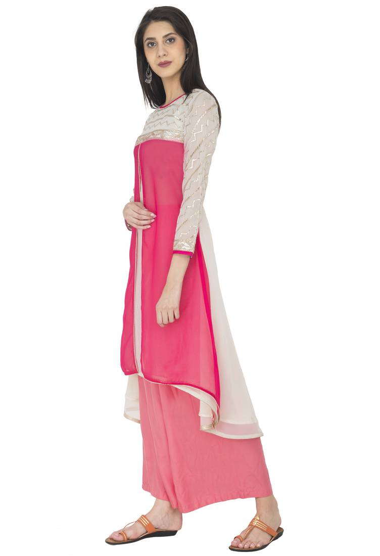 White embroidered georgette long kurtis