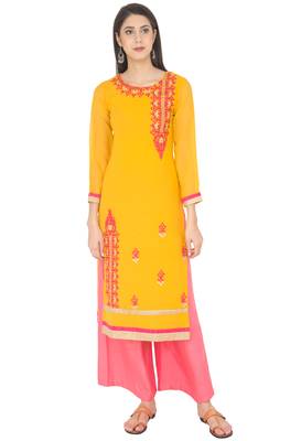 Yellow embroidered georgette long kurtis 1