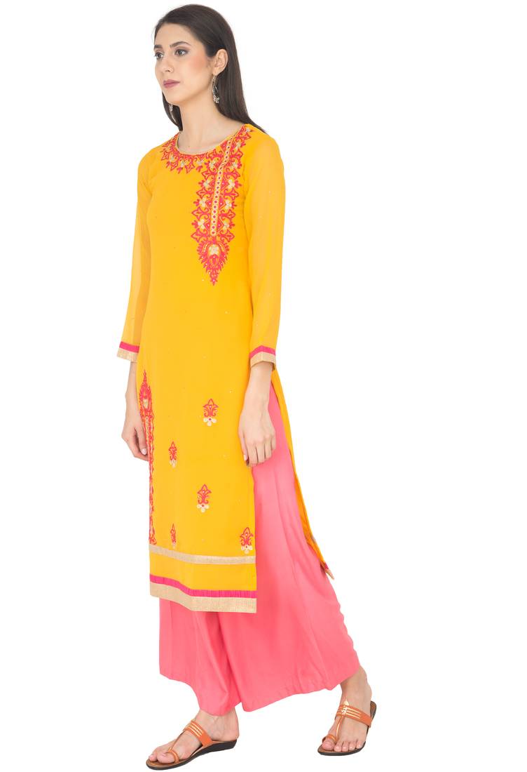 Yellow embroidered georgette long kurtis
