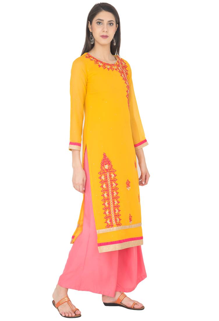 Yellow embroidered georgette long kurtis