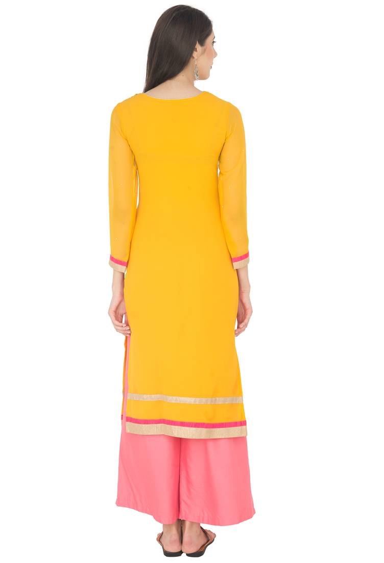Yellow embroidered georgette long kurtis