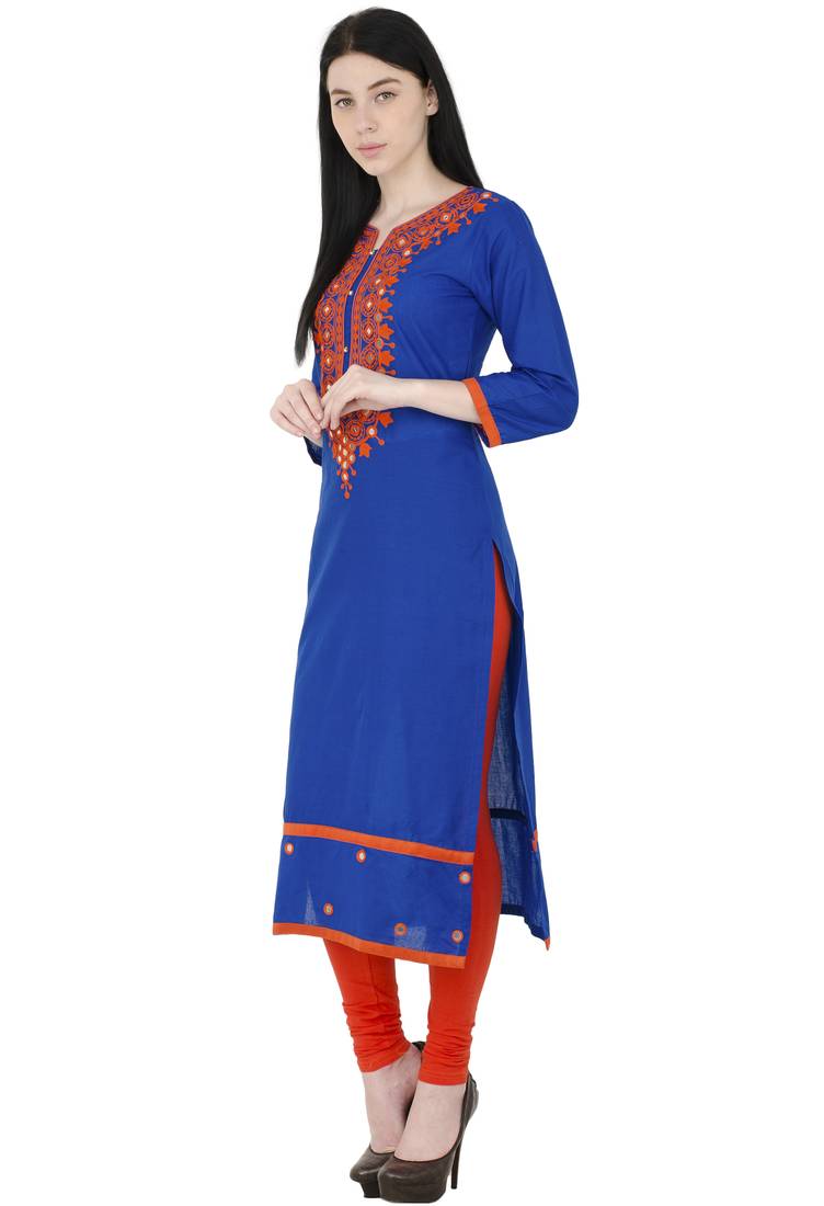 Blue embroidered georgette long kurtis