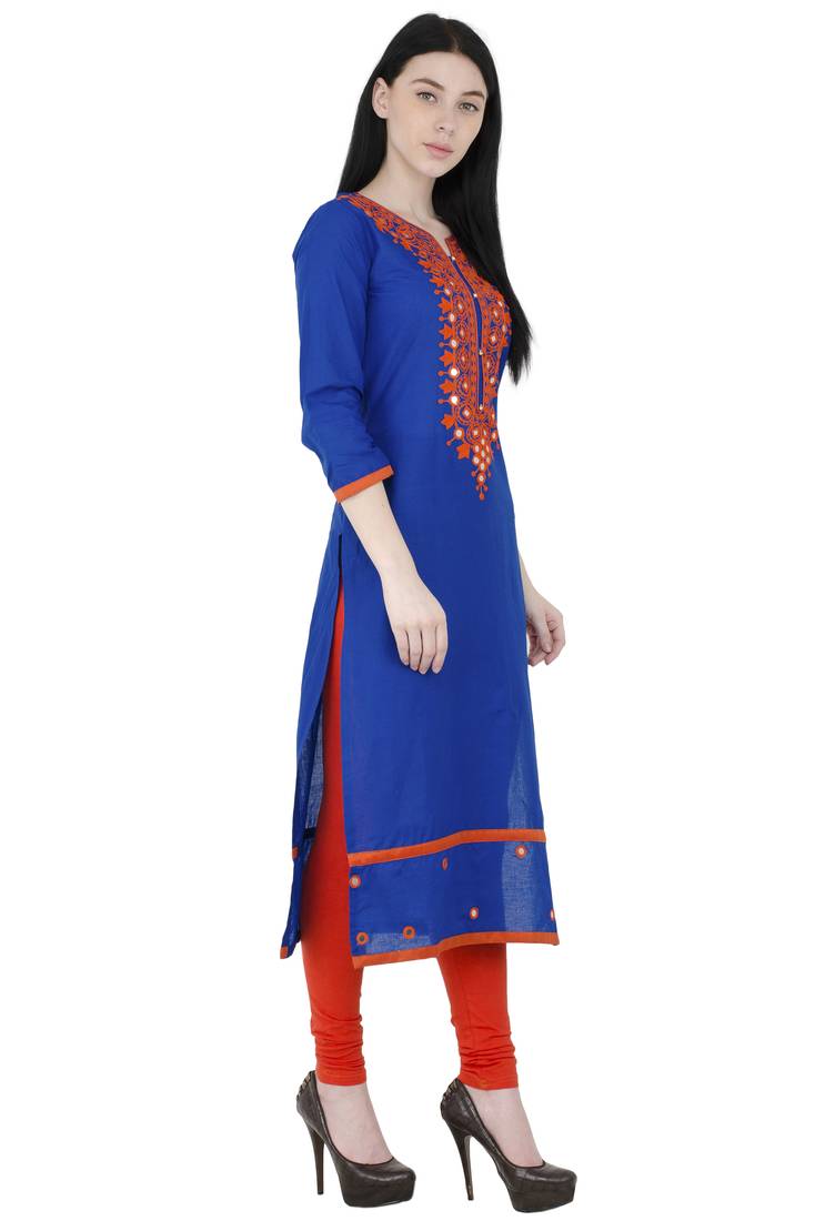 Blue embroidered georgette long kurtis