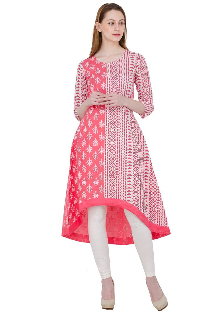 Pink printed cotton long kurtis