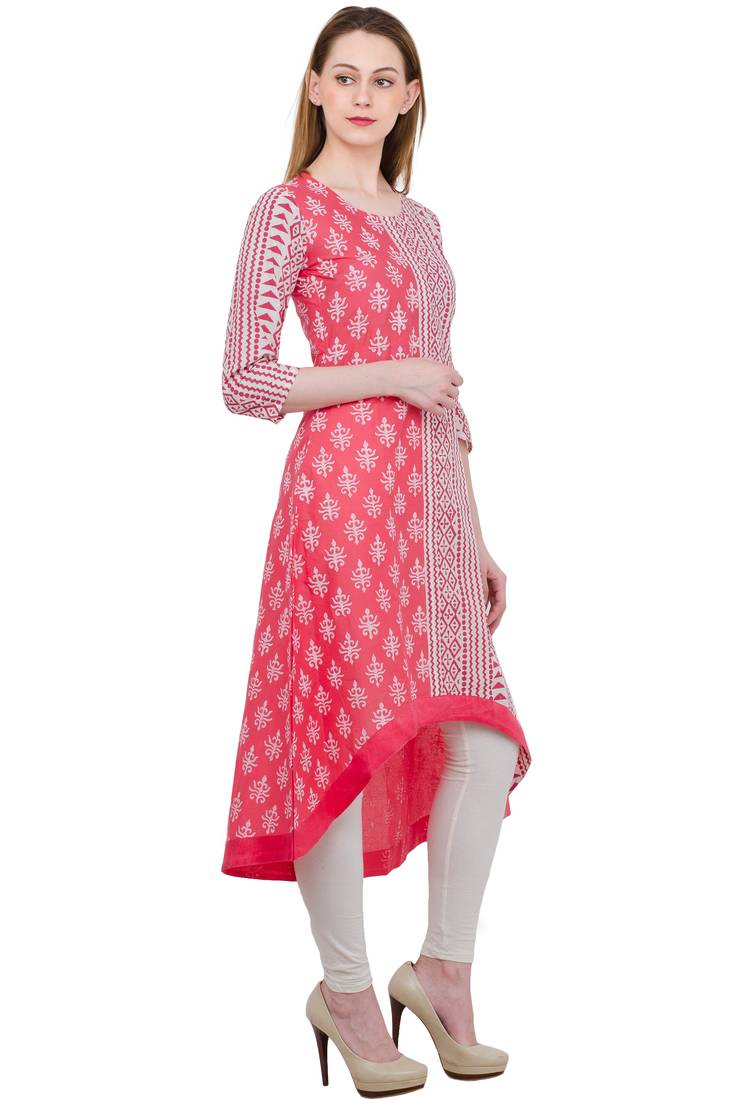 Pink printed cotton long kurtis