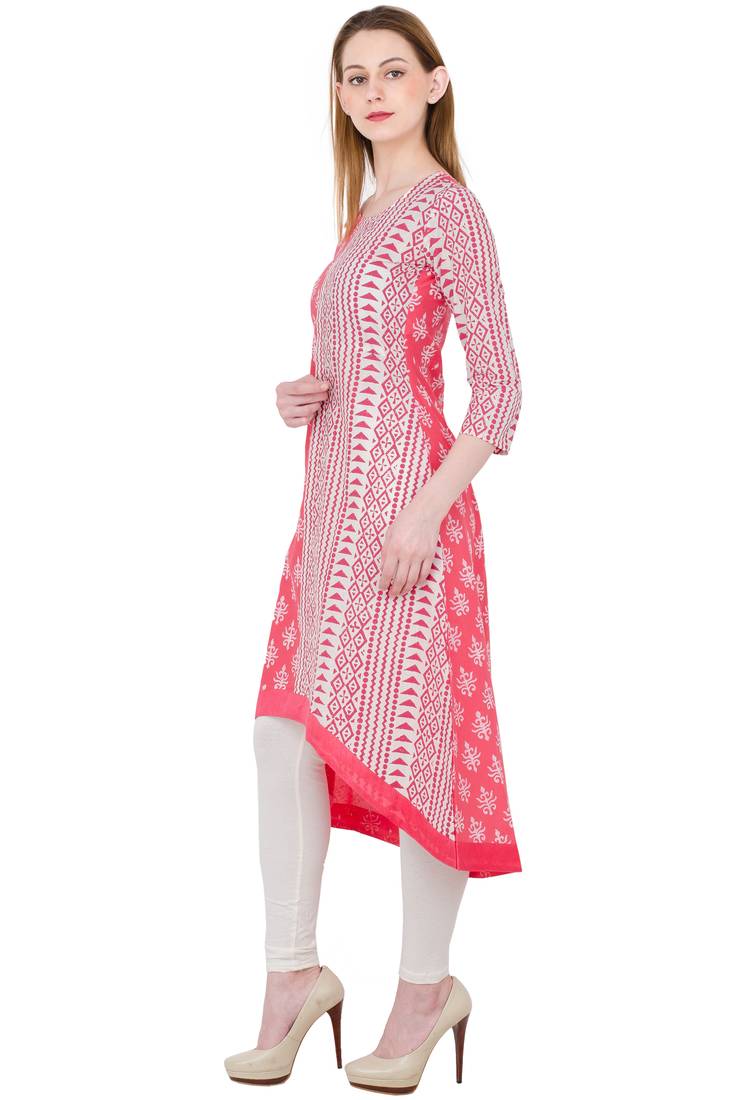Pink printed cotton long kurtis