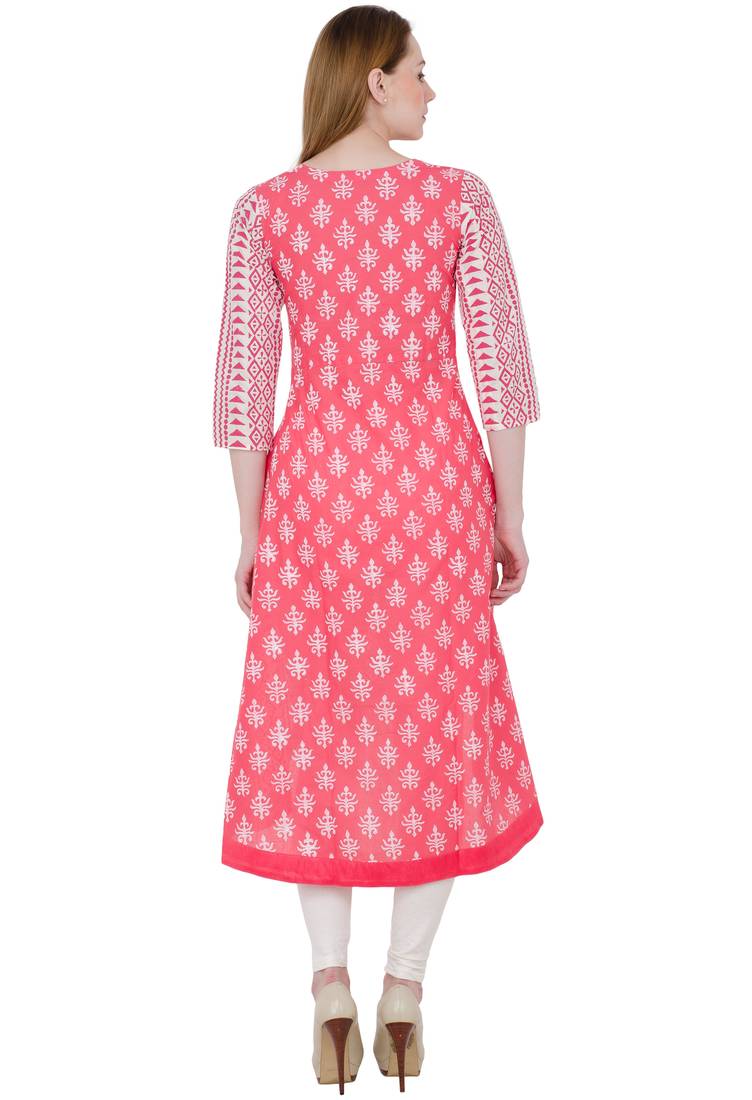 Pink printed cotton long kurtis