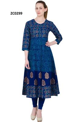 Blue printed cotton long kurtis 1