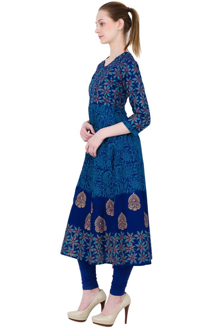 Blue printed cotton long kurtis