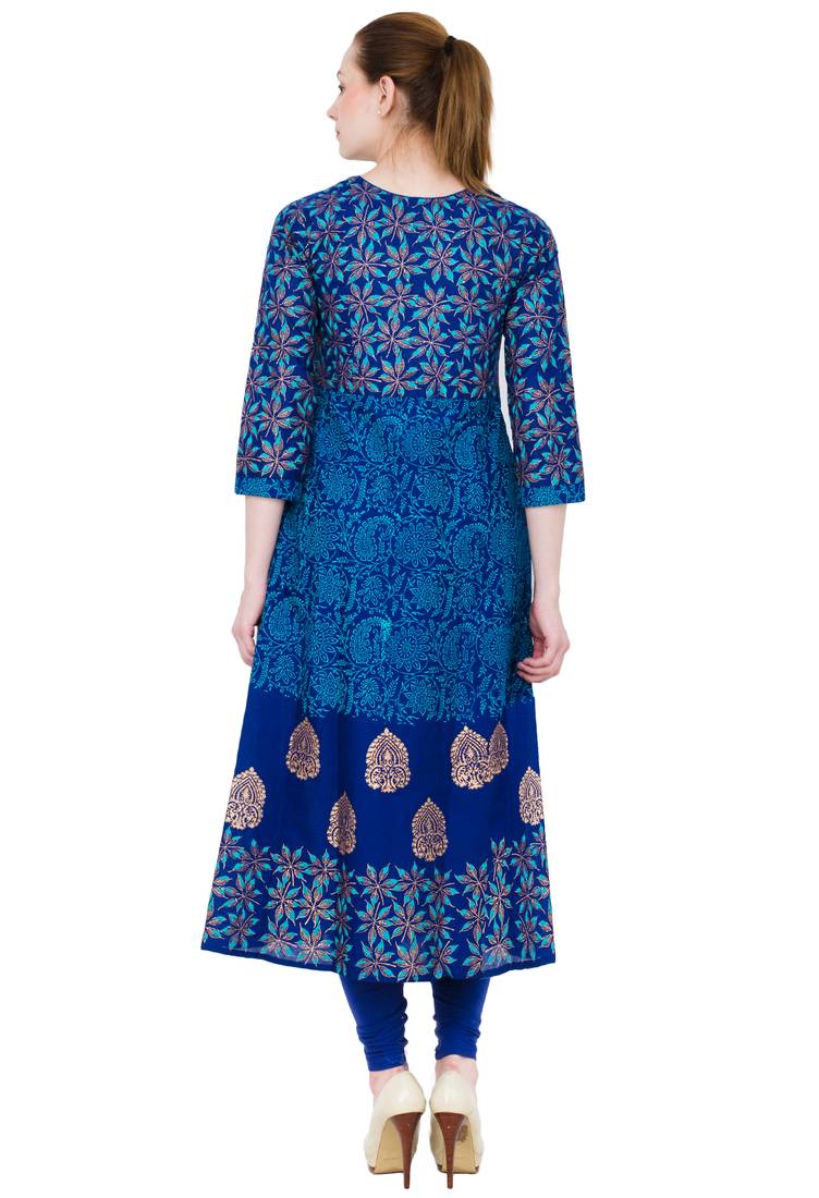 Blue printed cotton long kurtis