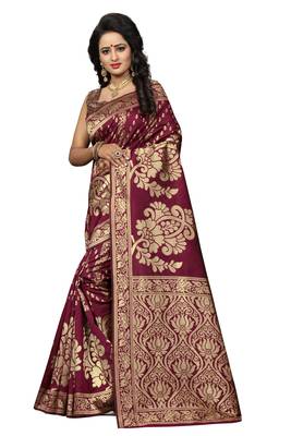 Maroon woven banarasi art silk saree with blouse 2