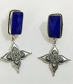 Ethnic India Oxidized Silver Blue Stone Dangler Earrings , En66