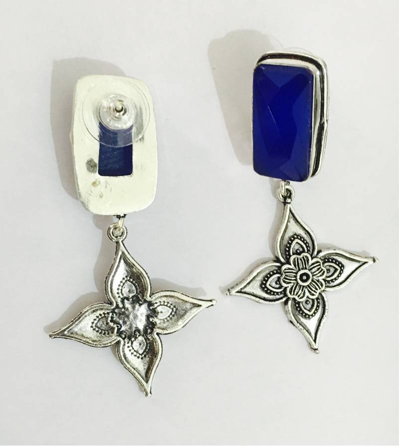 Ethnic India Oxidized Silver Blue Stone Dangler Earrings , En66