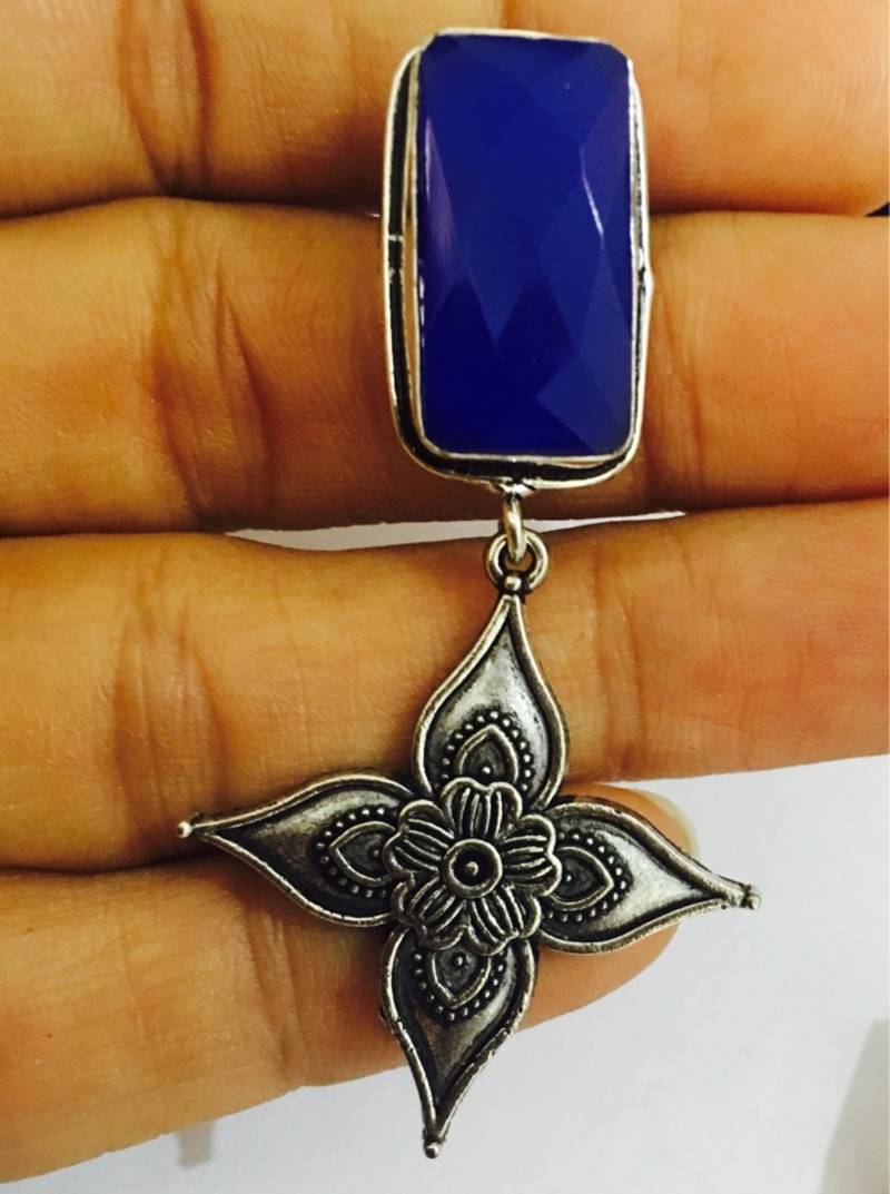 Ethnic India Oxidized Silver Blue Stone Dangler Earrings , En66