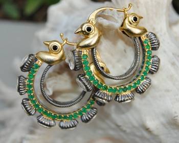Gold Green Diamond Bali Hoop Earrings 1