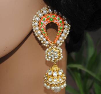 White Orange Enamel Pearly Jhumkas 1