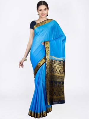Blue Hand Woven Art Silk Saree With Blouse 1