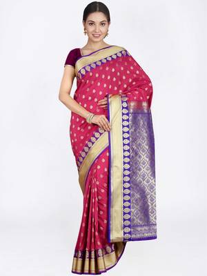 Dark Pink Hand Woven Art Silk Saree With Blouse 1